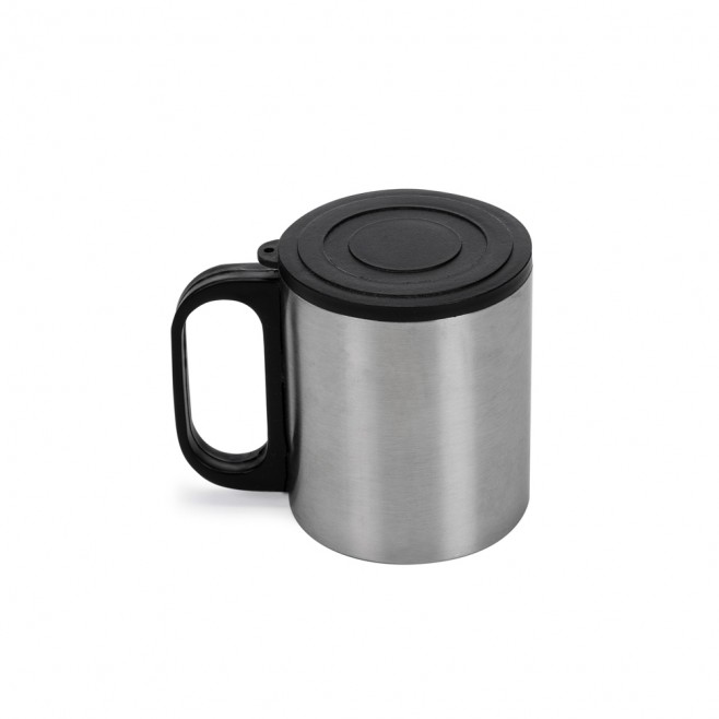 Caneca de Aço Inox 180 ml Com Tampa e Cabo Plástico Caneca de Aço Inox 180 ml Com Tampa e Cabo Plástico