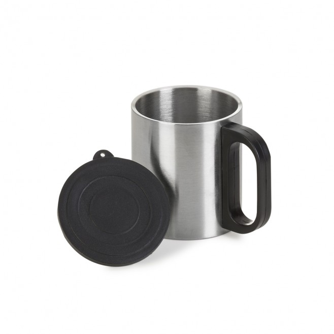Caneca de Aço Inox 180 ml Com Tampa e Cabo Plástico Caneca de Aço Inox 180 ml Com Tampa e Cabo Plástico