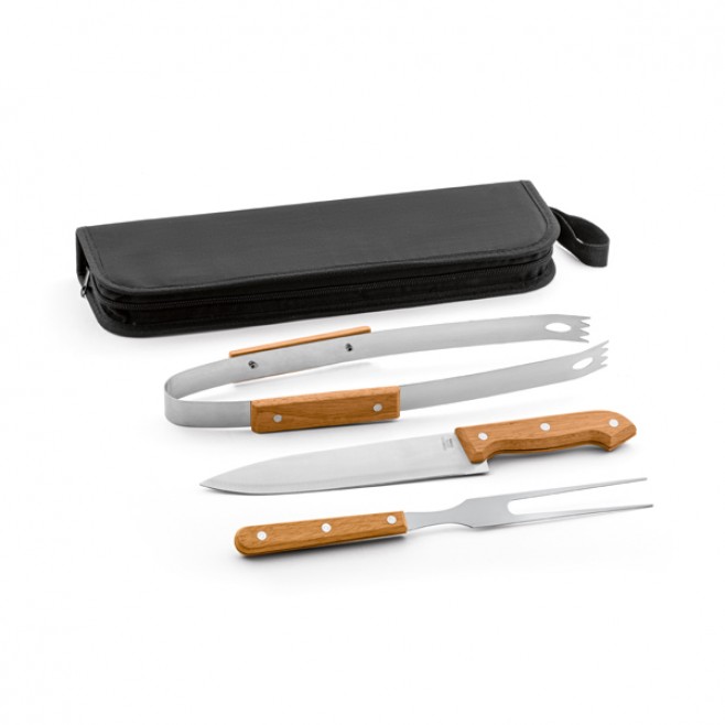 Kit Churrasco Aço Inox e Madeira 3 Pecas com Logotipo Personalizado Kit Churrasco Aço Inox e Madeira 3 Pecas com Logotipo Personalizado