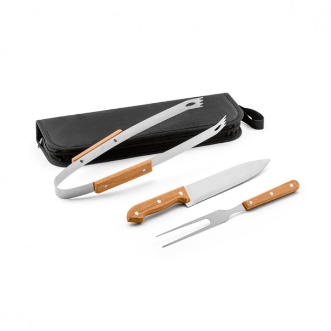 Kit Churrasco Aço Inox e Madeira 3 Pecas com Logotipo Personalizado Kit Churrasco Aço Inox e Madeira 3 Pecas com Logotipo Personalizado